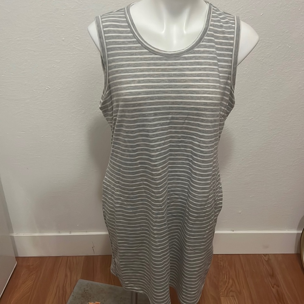 32 Degrees Cool Gray White Pocketed Sleeveless Striped Shirt Dress Sz L